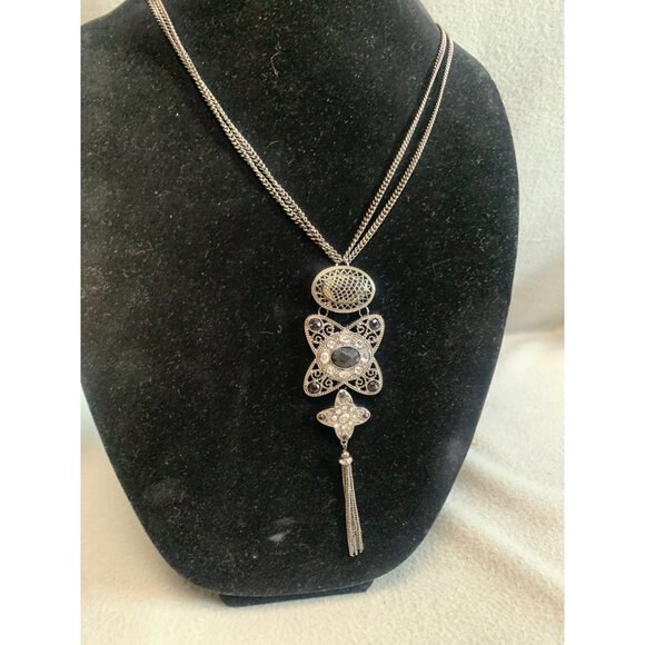 Vintage Silver-Tone Crystal Pendant Necklace with Tassel 30" - Picture 5 of 6